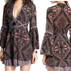 Free People Patterned Mini Dress - Black and Pink
